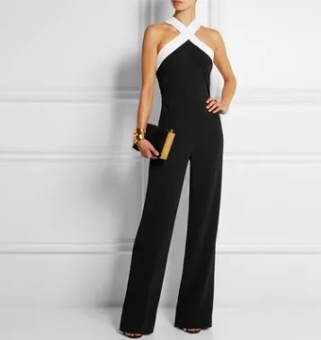 Europe and the United States women's sexy jumpsuit missing shoulder color matching waist jumpsuit trousers Black - Shop at LoveMi