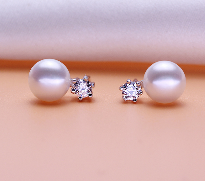 Six claws freshwater pearl silver earrings 8-9mm inlaid zircon earrings earrings jewelry