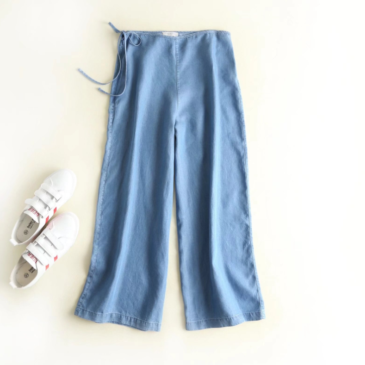 Summer thin straps Tencel denim wide leg pants high waist nine pants 088 Light Blue - Shop at LoveMi