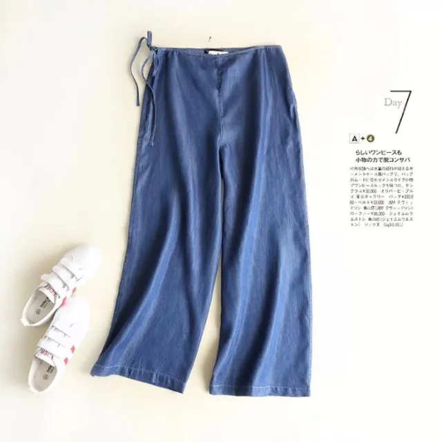 Summer thin straps Tencel denim wide leg pants high waist nine pants Blue - Shop at LoveMi