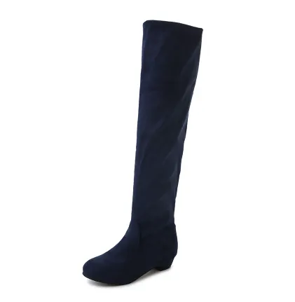 Over the knee long tube women's boots round head low heel suede two through the knee boots plus velvet to keep warm Blue - Shop at LoveMi