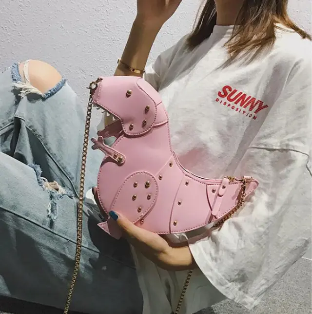 Dusun rivet personality dinosaur design fashion leather cross body mini shoulder bag women chain handbag shoulder bag gift Female Pink - Shop at LoveMi