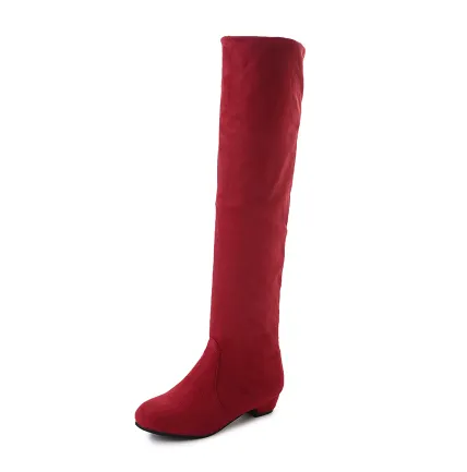 Over the knee long tube women's boots round head low heel suede two through the knee boots plus velvet to keep warm Red - Shop at LoveMi