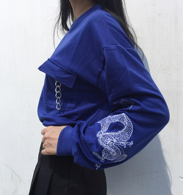 Autumn new Korean college wind retro embroidery loose thin sleeves round neck sweater student blouse