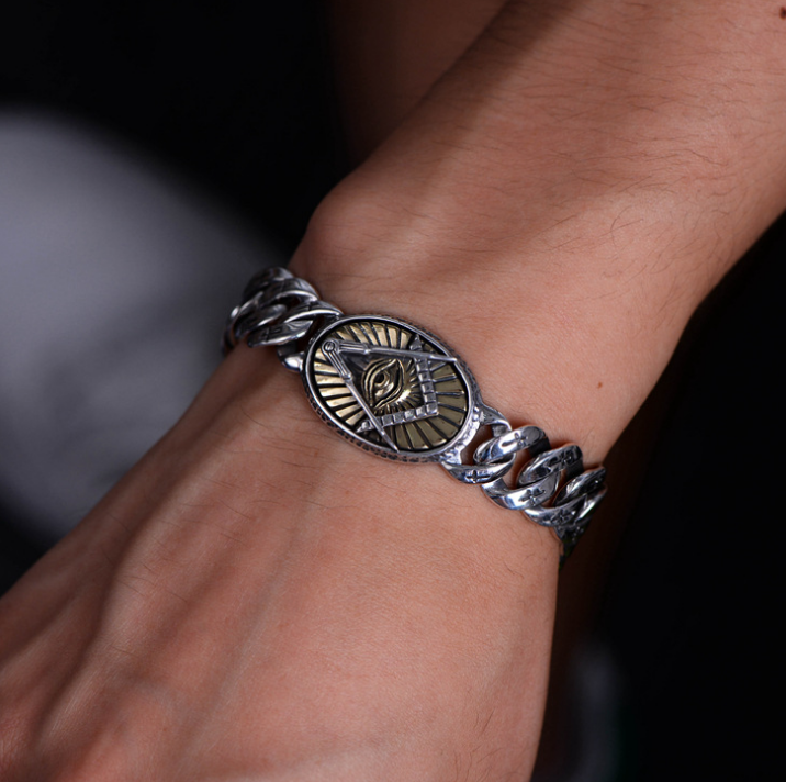 Eye of God Bracelets & Thai Master Sculpture Vintage Phoenix and Cross Solid 925 Sterling Silver Men's Punk Bracelet 19cm