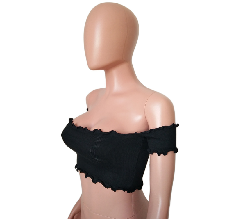 Hot new wooden ear short sleeve vest sexy pit striped one shoulder shirt