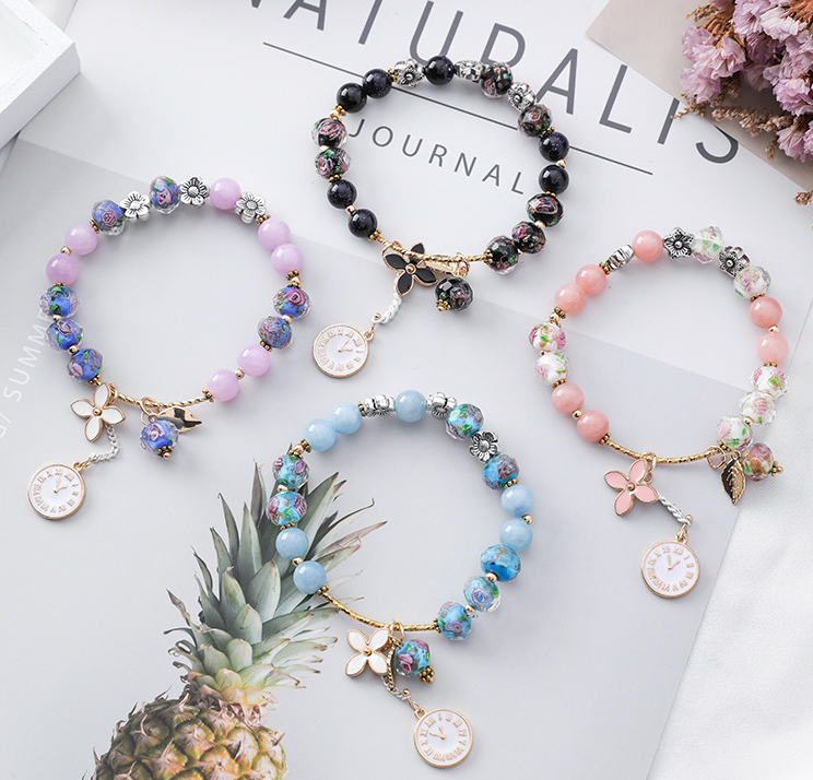 Retro flower crystal bracelet female simple ethnic wind clock leaf bracelet personality bracelet girlfriends students