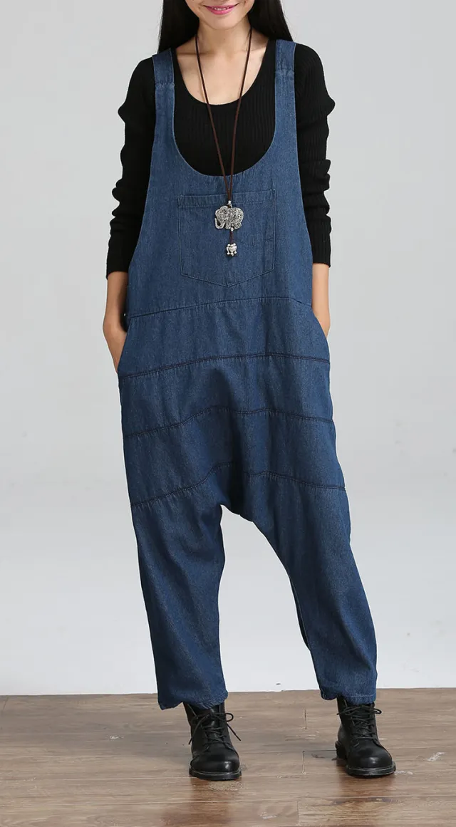 Vintage Women Jumpsuits Palazzo Pants Denim Jumpsuit Harem Pants Straps Pockets Jumpsuits Casual Pants Jumpsuit - Shop at LoveMi