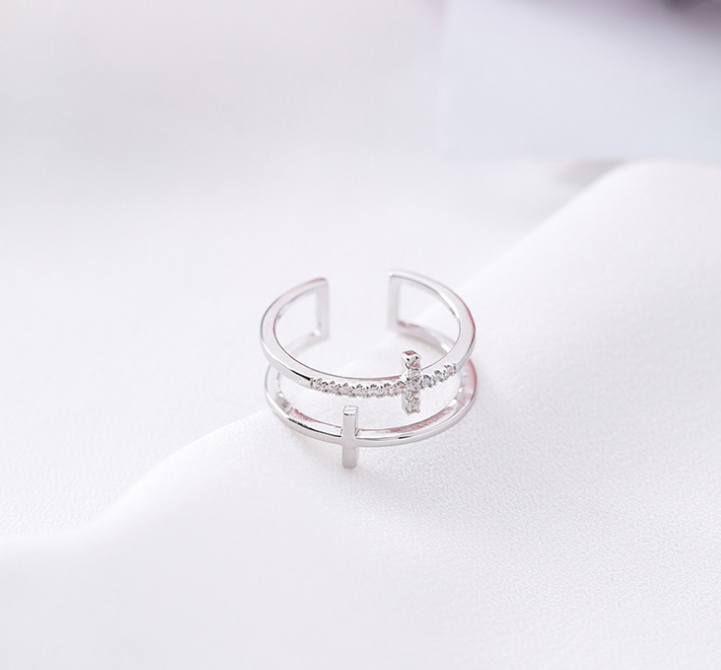 Japanese And Korean Students Personality Trend Double Cross Ring Fashion Wild Micro-set Adjustable Joint Index Ring Female