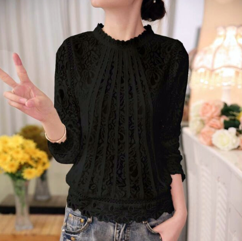 Women's shirt long-sleeved temperament was thin small shirt lace stitching hollow women's lace bottoming shirt