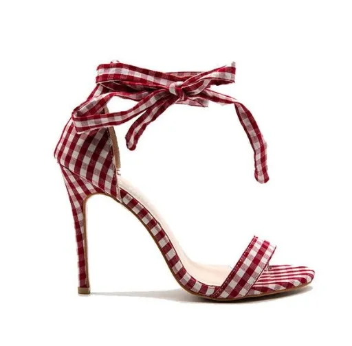 Europe and the United States plaid toe high heeled ankle straps with large bow sandals Red - Shop at LoveMi