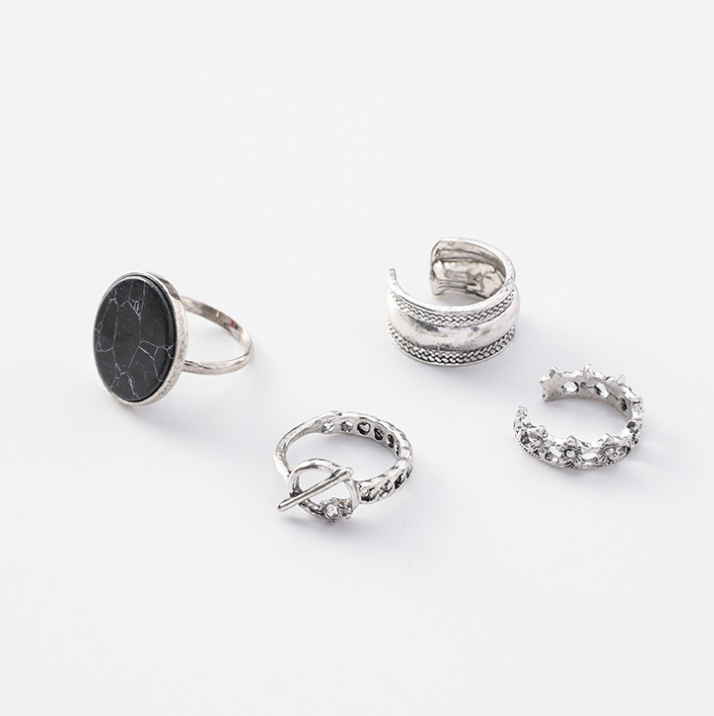 Marble ring 4 piece set Europe and America minimalist ins wind personality joint ring opening ring set ring Korean jewelry