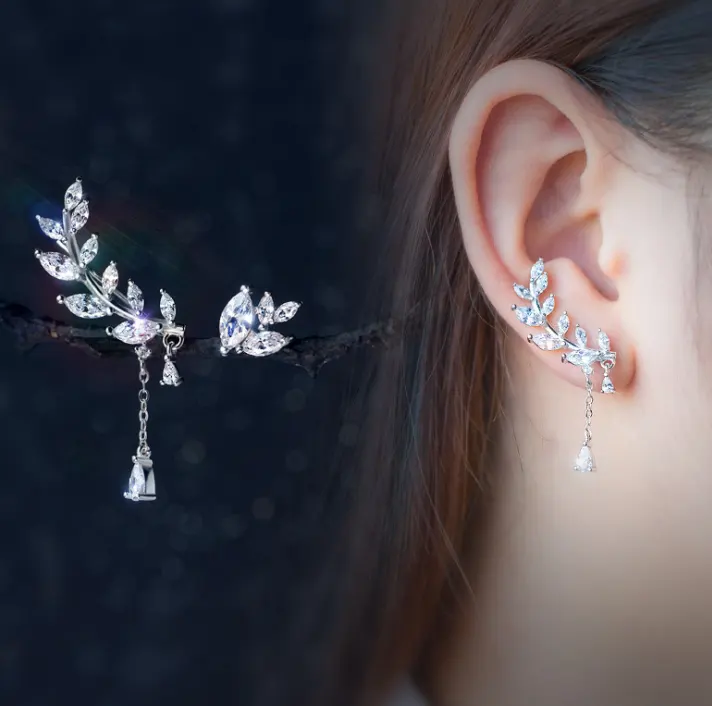 925 Silver Earrings Sweet Korean Female Asymmetrical Diamond Leaves