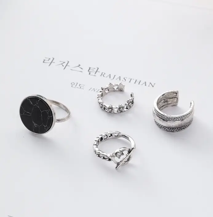 Marble ring 4 piece set Europe and America minimalist ins wind personality joint ring opening ring set ring Korean jewelry
