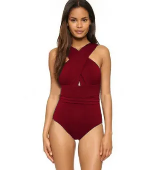 sexy solid color chest cross cover belly slimming conjoined ladies swimsuit bikini large size swimsuit Wine - Shop at LoveMi