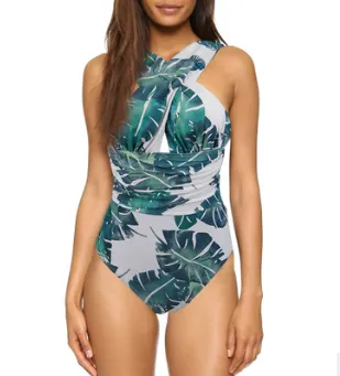 sexy solid colour chest cross cover belly slimming conjoined ladies swimsuit bikini large size swimsuit - Green
