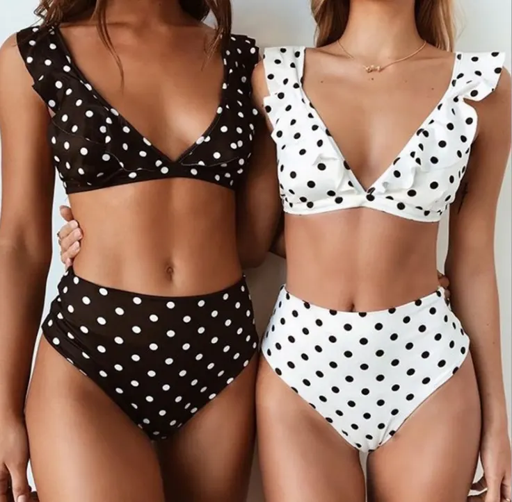 New Hot Dot Floral Border High Waist Swimsuit Beachwear