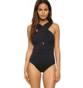 sexy solid color chest cross cover belly slimming conjoined ladies swimsuit bikini large size swimsuit Black - Shop at LoveMi