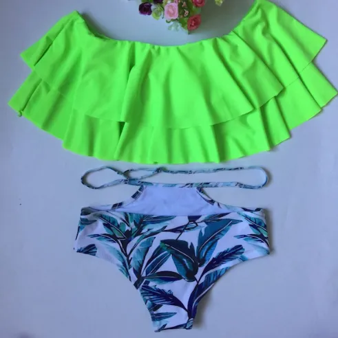 Cute double ruffled swimwear printed shorts one shoulder bikinii sexy swimsuit Green - Shop at LoveMi