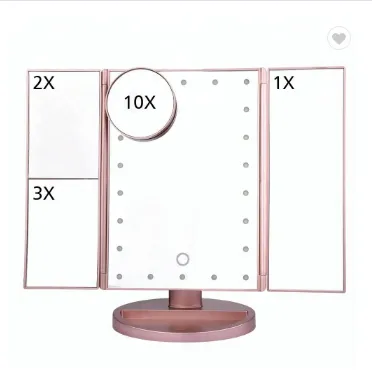 Three sided Foldable Magnifying Desktop Makeup Mirror With Lamp Rose Gold - Shop at LoveMi