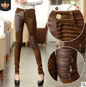 Large size female tight PU stitching leather pants stretch feet pencil pants were thin Brown - Shop at LoveMi