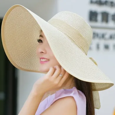 Summer Korean version of the tide hat female folding summer beach hat sun hat Beige - Shop at LoveMi