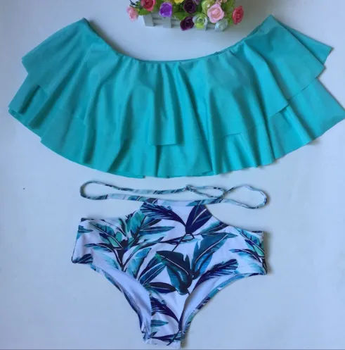 Cute double ruffled swimwear printed shorts one shoulder bikinii sexy swimsuit Blue - Shop at LoveMi