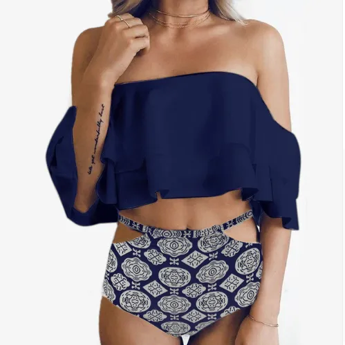 Cute double ruffled swimwear printed shorts one-shoulder bikinii sexy swimsuit - Black