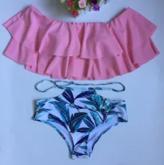 Cute double ruffled swimwear printed shorts one-shoulder bikinii sexy swimsuit - Pink - View 1