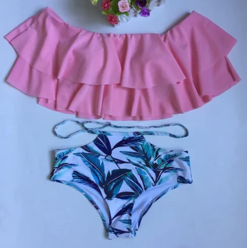 Cute double ruffled swimwear printed shorts one shoulder bikinii sexy swimsuit Pink - Shop at LoveMi