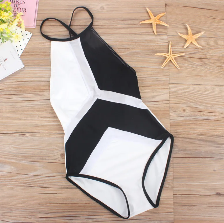 European and American women's mesh stitching sexy bikini one-piece swimsuit - Black