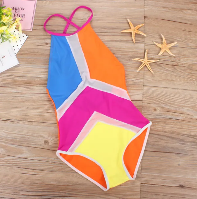 European and American women's mesh stitching sexy bikini one piece swimsuit Orange - Shop at LoveMi
