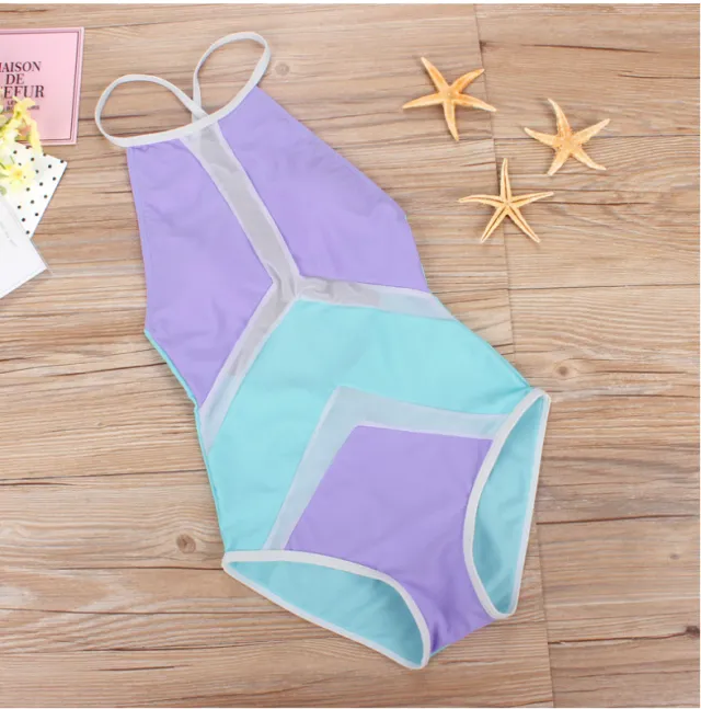 European and American women's mesh stitching sexy bikini one piece swimsuit Purple - Shop at LoveMi