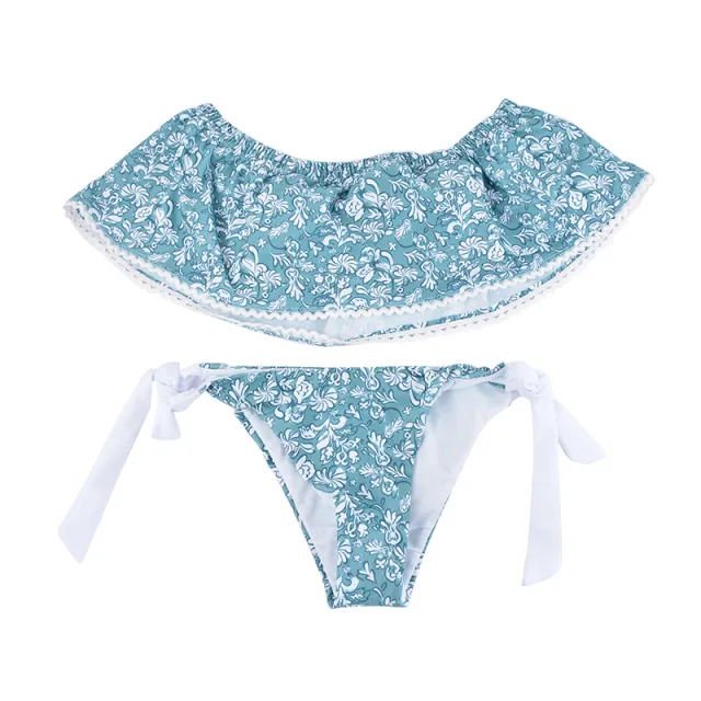Light Blue Floral Pattern Strapless Off Shoulder Women Sexy Slit Bikini Set Swimwear Women Beach Bathing Swimsuit Floral - Shop at LoveMi