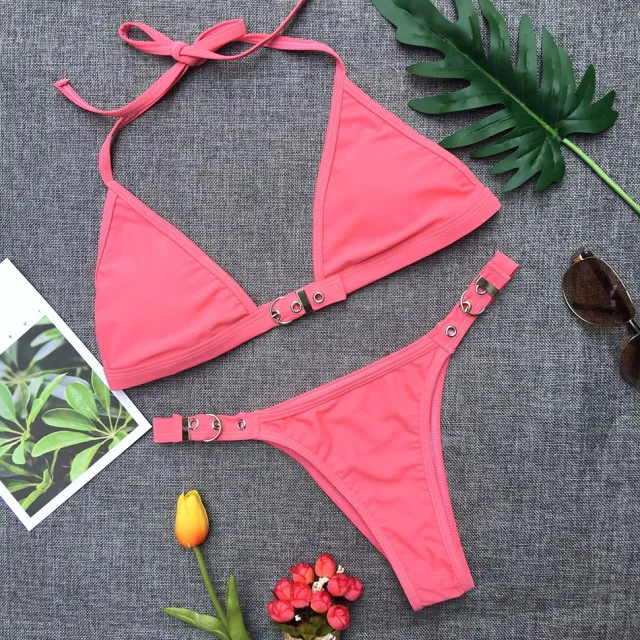Swimwear Adjust Swimming Suit for Women Bikinis Sexy Solid Swimsuit Female Black Thong Bikini Set Brazilian Bathing Suits Pink - Shop at LoveMi
