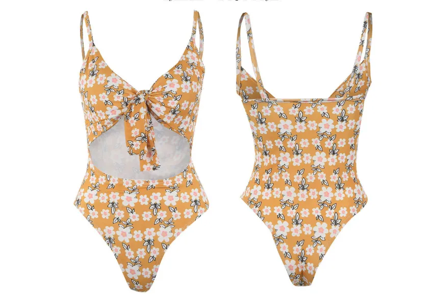 Explosion models sexy tie knot print one-piece swimsuit ZC2520 plus chest pad - Yellow