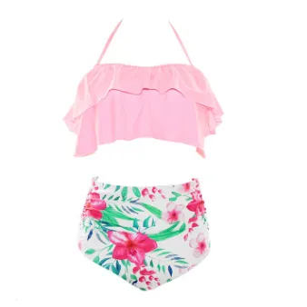 new bikini European and American sexy high waist split swimsuit digital printing bikini swimsuit - Pink