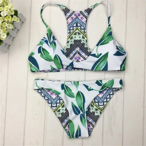 Sexy Brazilian Bikinis Women Swimsuit Double-sided Printing Swimwear Green
