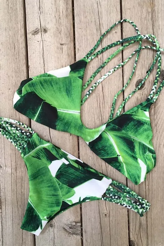 New Leaf Pattern Bikini Set Swimwear Bathing Suit Braided rope Swimsuit 2 M - Shop at LoveMi