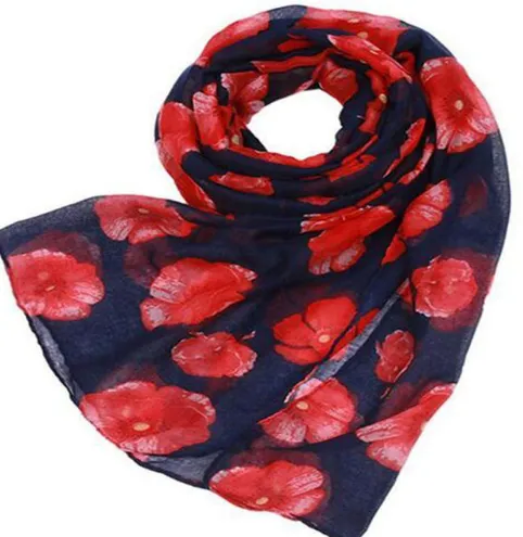 Red Poppy Scarf Print Long Scarves Flower Navy - Shop at LoveMi
