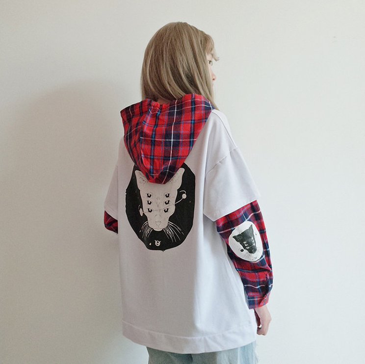 College wind fake two-piece plaid thin section sweater hooded jacket student wild shirt