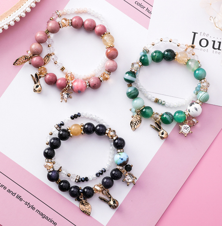 Personality  rabbit leaf crystal double bracelet female Korean version of the Sen simple student jewelry accessories female