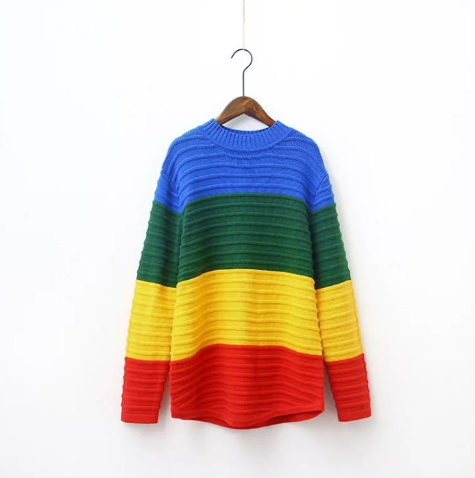 spring autumn loose female rainbow iris gradient stripe large scalp knit high collar full sleeve