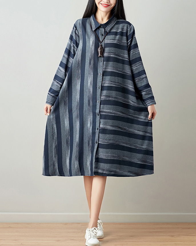 New large size shirt cotton and linen striped long loose style literary dress