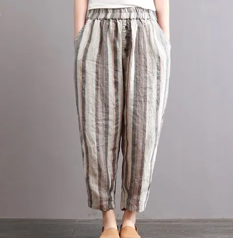 Retro cotton and linen women's cropped trousers loose harem pants linen pants literary striped casual pants - Shop at LoveMi