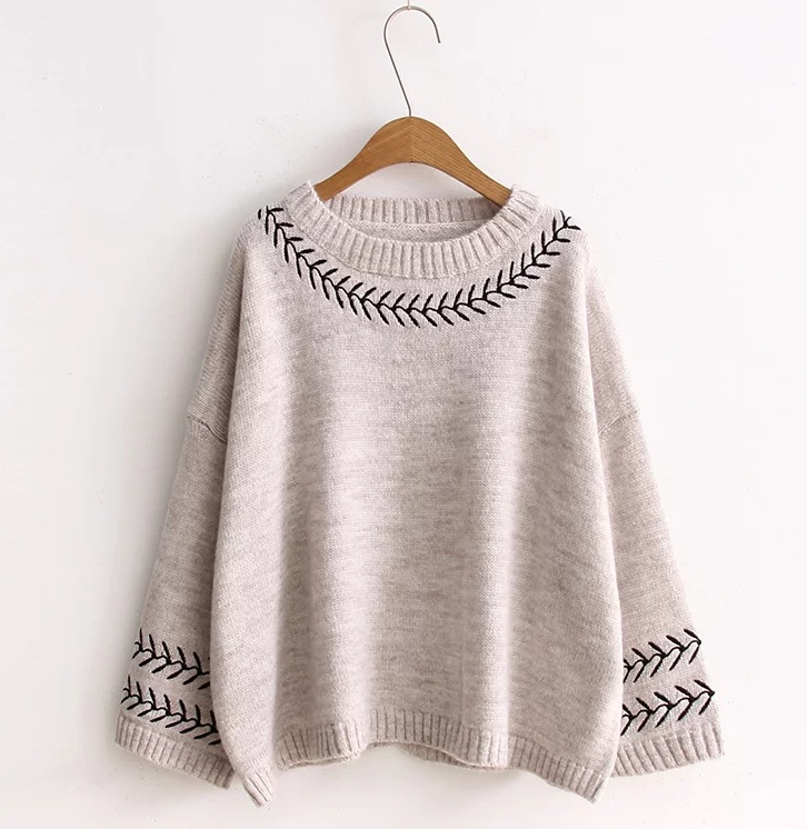 Autumn and winter women's women's college wind embroidery round neck retro loose pullover sweater sweater