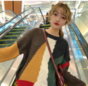 Autumn Korean version of the loose wild color matching pullover sweate