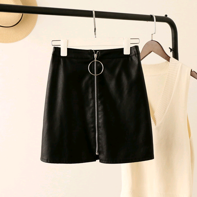 Autumn and winter black PU leather skirt skirt high waist large size super fire A word skirt zipper female bag hip skirt short skirt