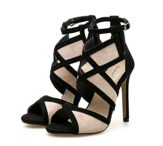 Women's sandals color matching fish mouth cross hollow buckle with fine super high heels - Apricot