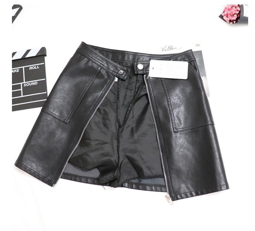 High waist versatile PU small leather skirt front zipper double pocket bag hip skirt Slim skirt step skirt
